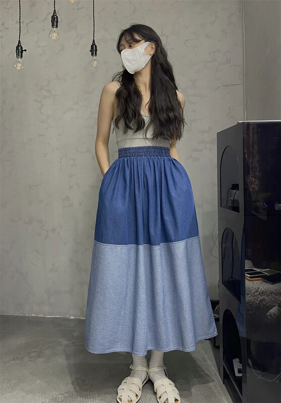 [hongniuniu] Korean color blocking design elastic waist denim skirt 9598\xyy