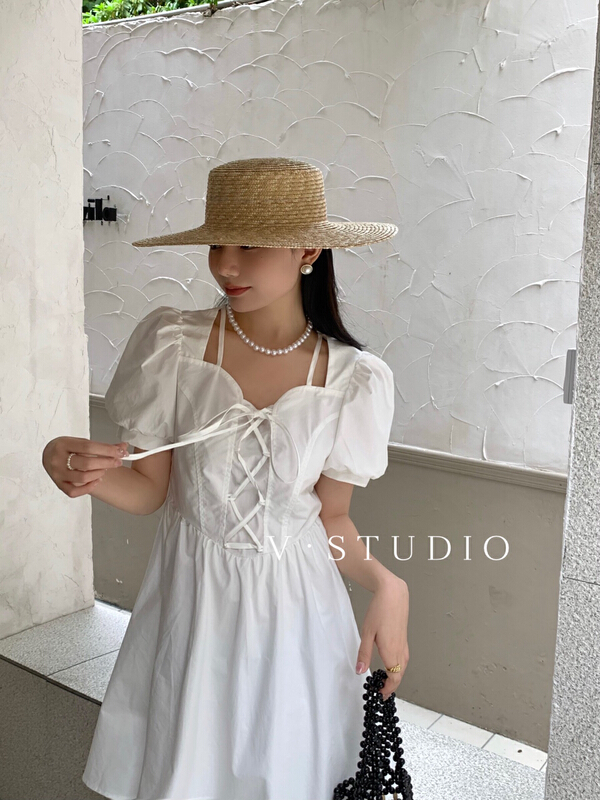 [v.studio] solid color short sleeve crimp dress 5251\zjy