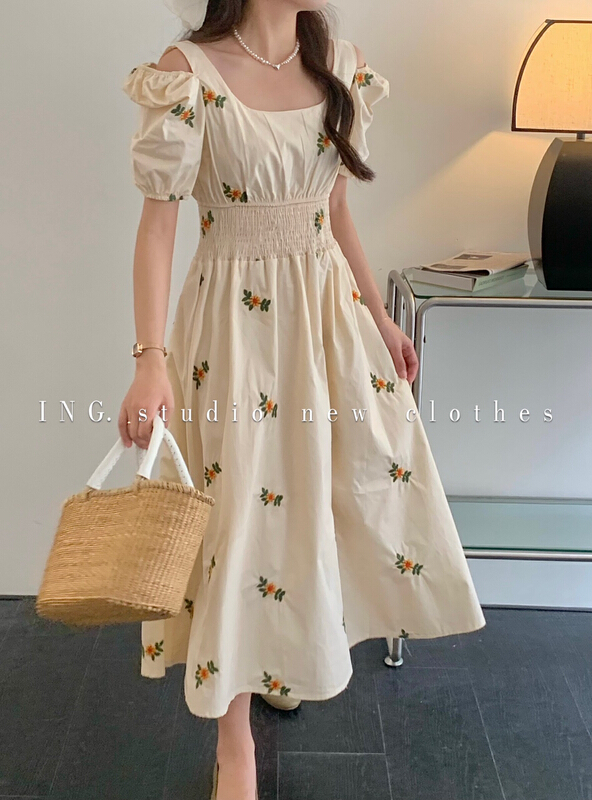 [ing] sweet off shoulder embroidery Decor dress 9081