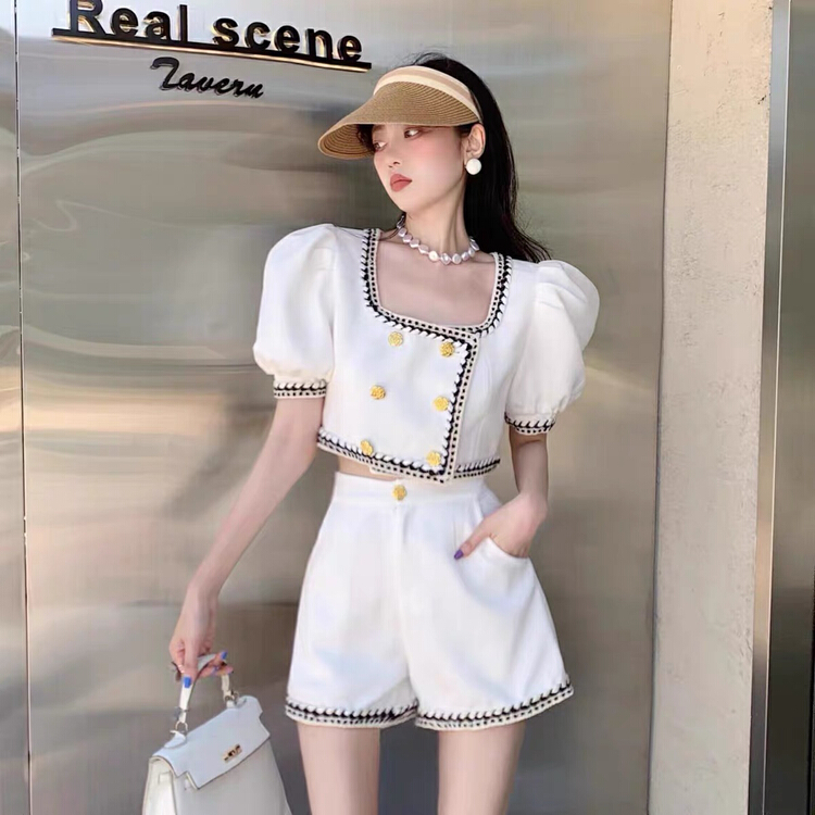 [jun.t] small fragrance celebrity bubble sleeve short coat + high waist slim casual Shorts Set 6181\pcz