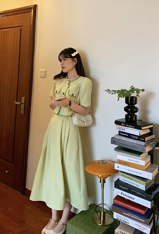 [savage] retro small fragrance color contrast coat + high waist A-line skirt suit e8381\wpl