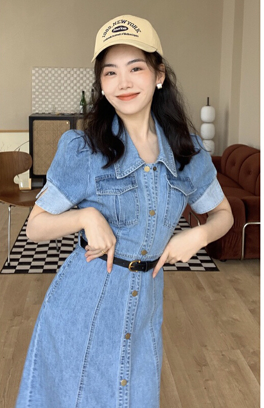 [Kiki studio] Korean slim short sleeve denim dress (with belt) 6056\hjy