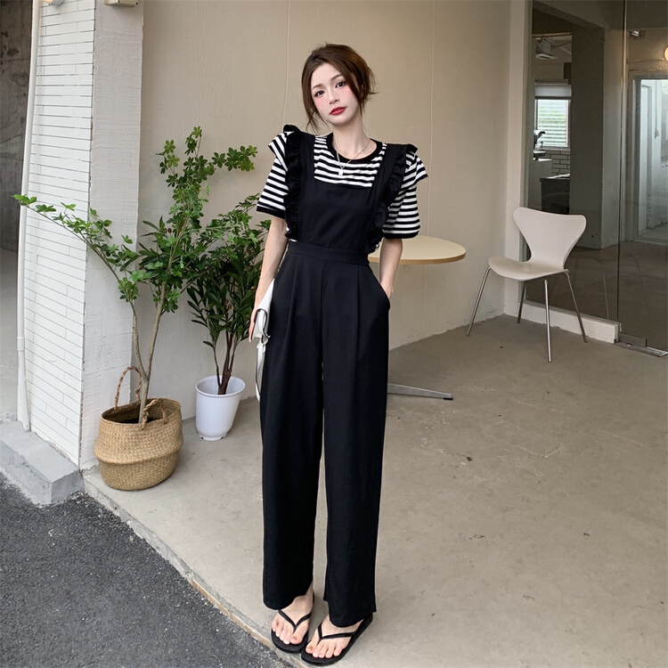 [y.jia EJA] simple stripe short sleeve T-shirt + ear band Pants Set ys1-6770\pcz