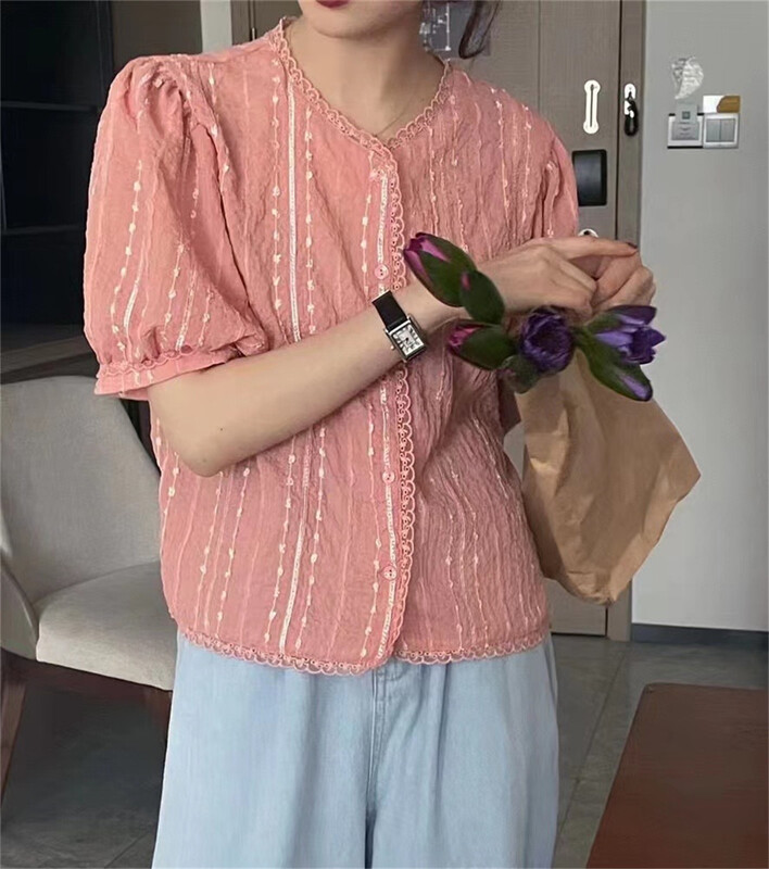 [hi] Han Shu V-neck bubble sleeve shirt 5279\hjy