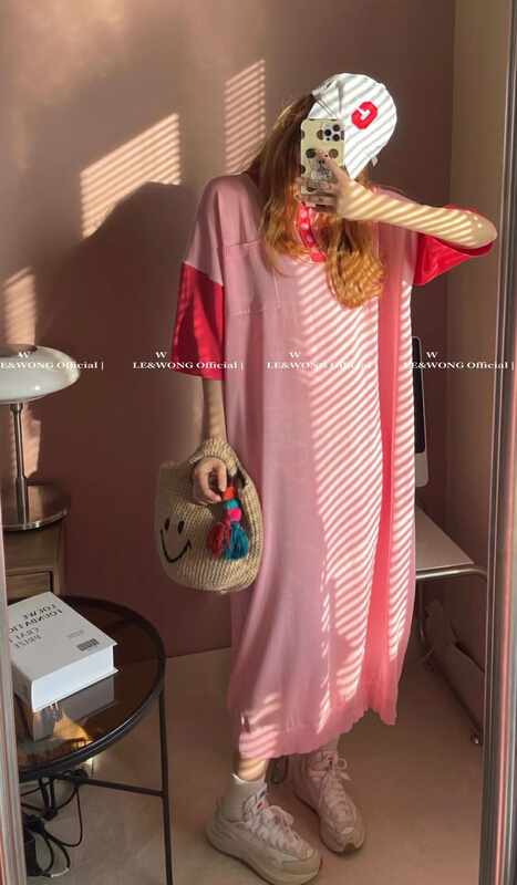 [le&wong] aging college style contrast Polo Lapel ice silk knitted dress 8117\wtt