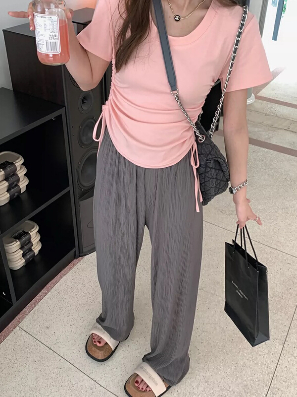 [gdgd] round neck design feeling drawstring fold waist thin short sleeve T-shirt 1961\wtt