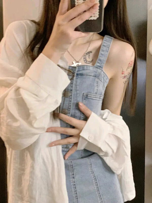 [Huaxi] Jigan minority denim sleeveless dress ➕ Casual loose sunscreen shirt suit 9235\pcz