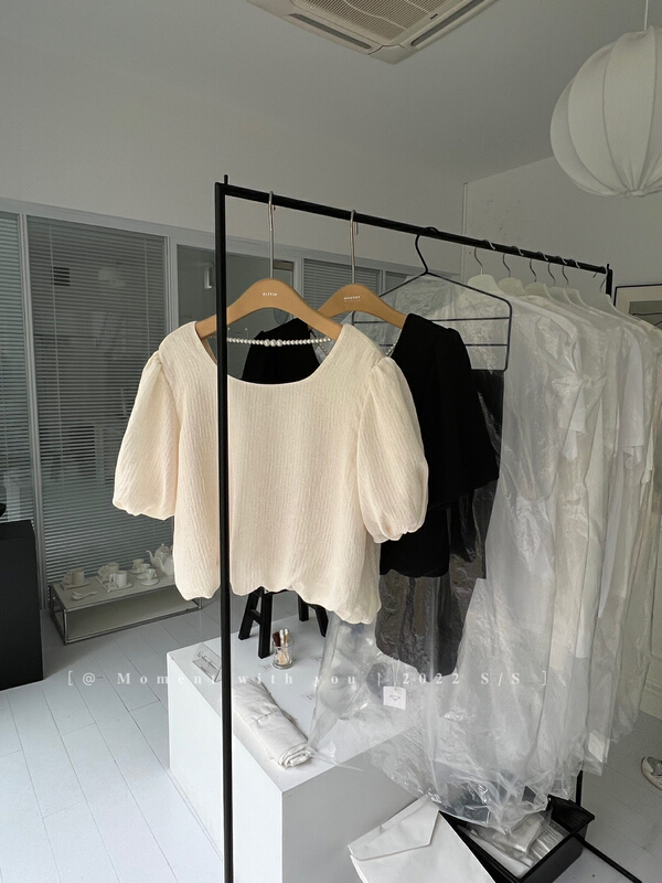 [event with you] gentle temperament small fragrance square neck bubble sleeve shirt (with chain) t0305-j\lsw