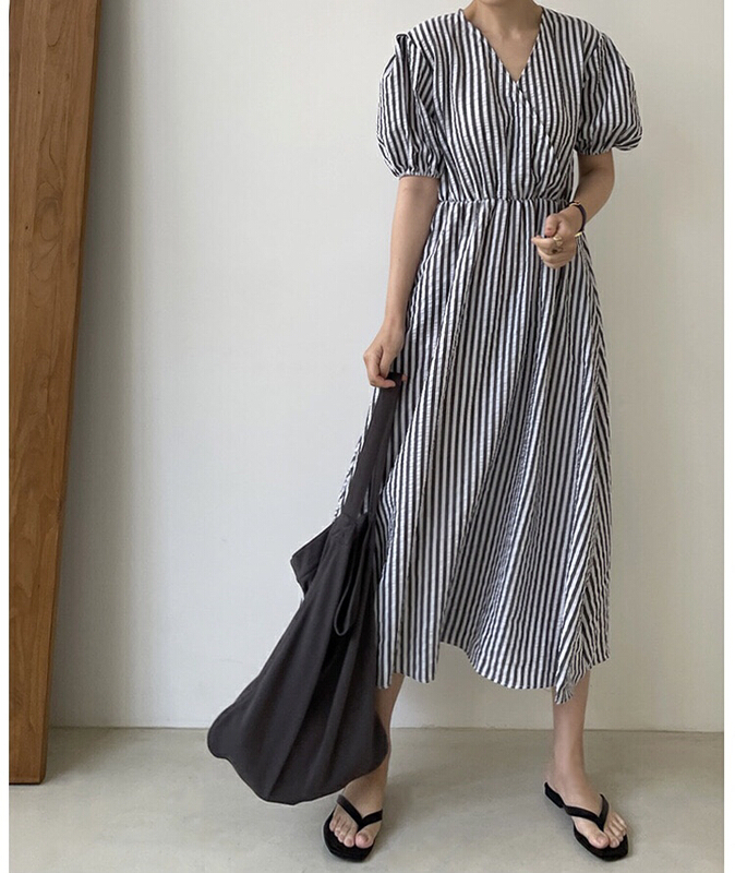 [baerman] V-neck slim high stripe dress m6033\hbx