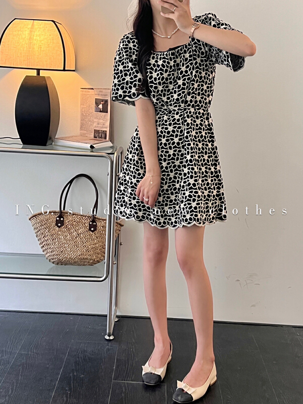 [ing] French square neck thin Hepburn dress ing7866