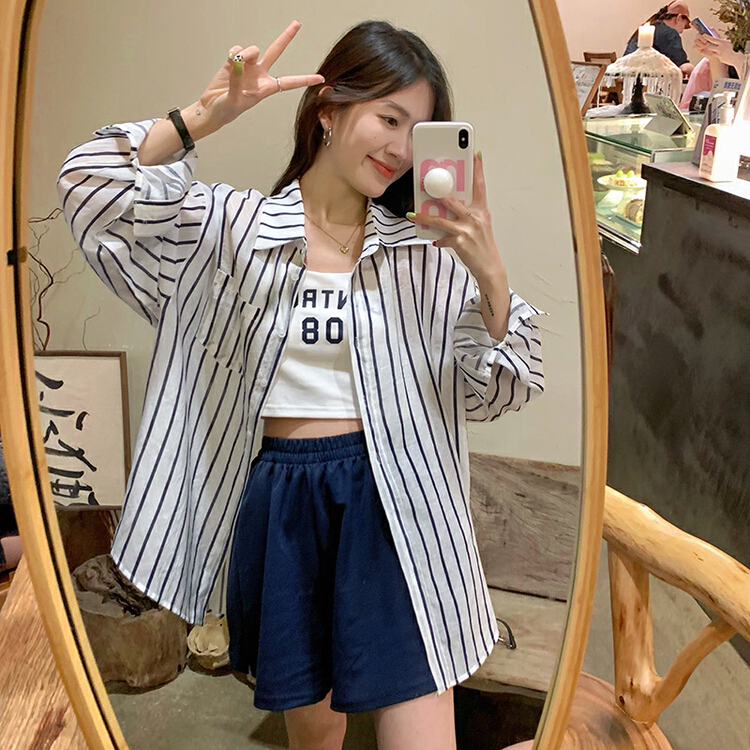 [y.jia EJA] striped shirt letter suspender Shorts Set 8028