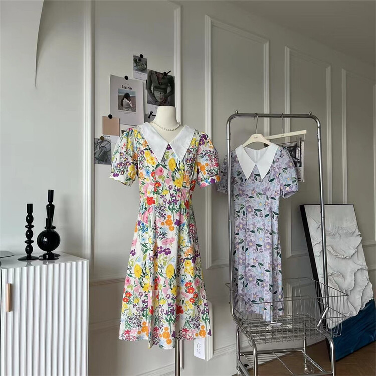 [um micron] Korean printed bubble sleeve dress 88331\hjy