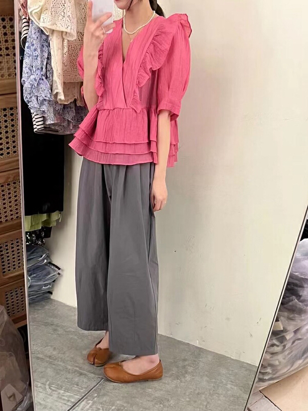 [Daidai] niche design sense lotus leaf edge sweet and gentle wind solid color shirt 4913\hbx