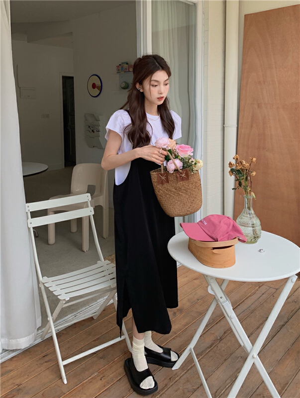 [dolly] irregular design black suspender split dress + simple and versatile comfortable solid color Casual Short Sleeve suit 3880\pcz