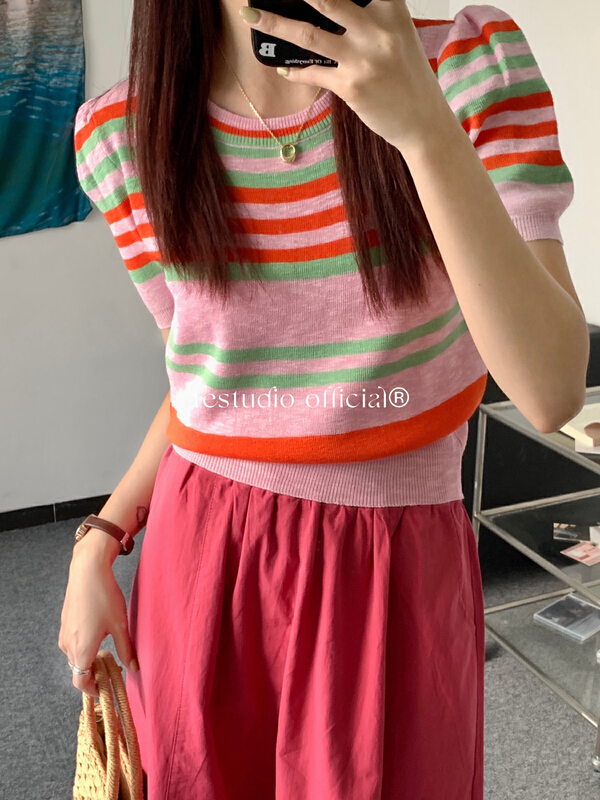 [te Tejia] Korean stripe short sleeve T-shirt 81083\hbx
