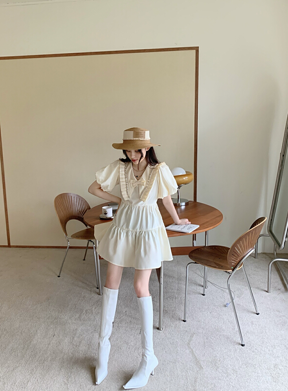 New year in early spring! [rich people] bubble sleeve V-neck bow loose age reducing dress (bow can not be removed) ys1-1017\pcz