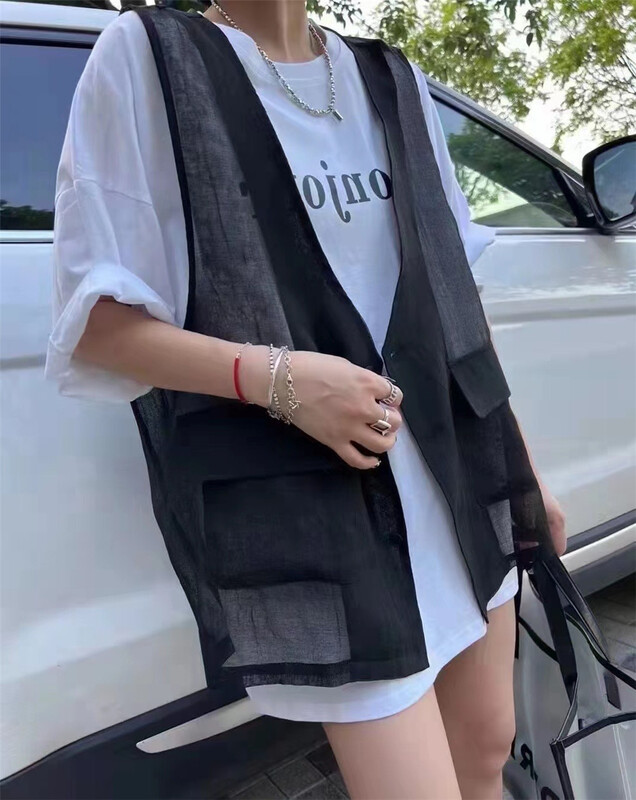 [8090] letter round neck short sleeve T-shirt + comfortable vest suit (only T-shirt + vest) 3005 × L