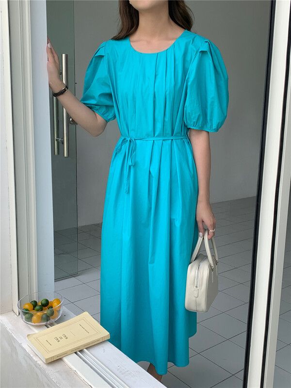 [feeding] Korean Pure Color Bubble Sleeve Dress (with waist rope) 3373-k3\cls