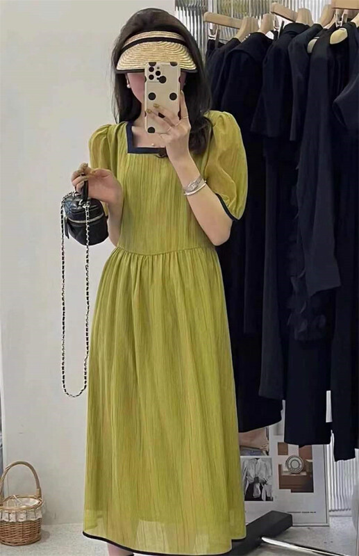 [Xiangli] fresh and simple mid length dress with color contrast edges 2025\pcz