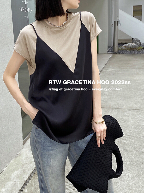[gracetina Hoo] Satin suspender fake two piece splicing short sleeve T-shirt t2194\cqw
