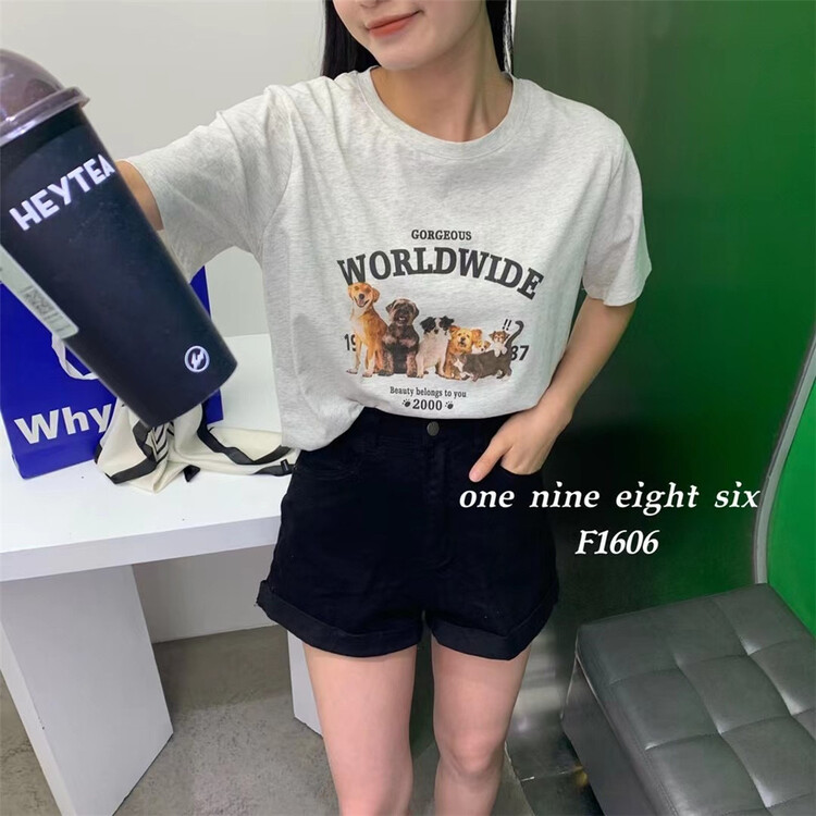 [1986] casual simple Dog Print short sleeve T-shirt 1606\xyy