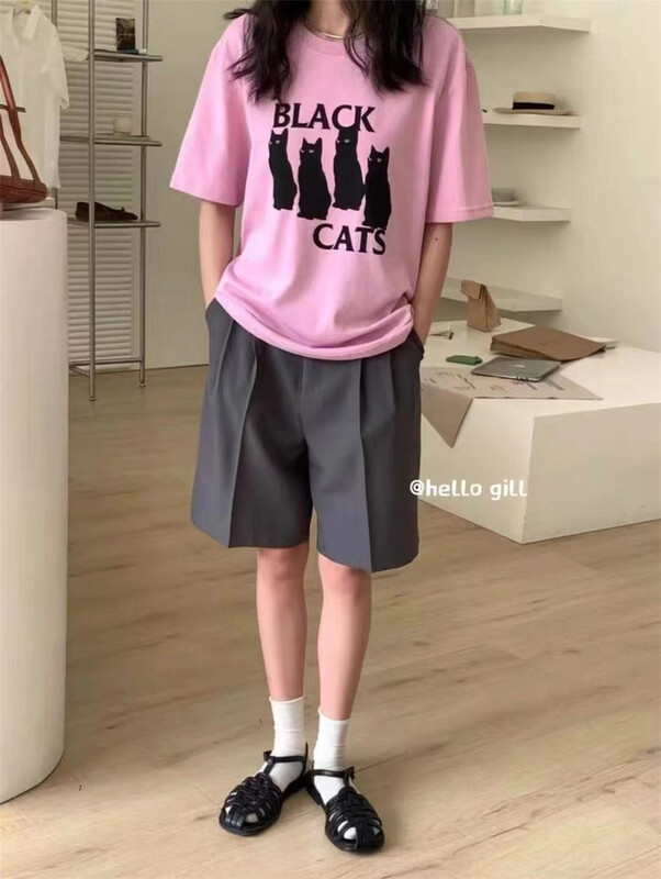 [gill] cute cat print versatile short sleeve T-shirt 9120\zjy