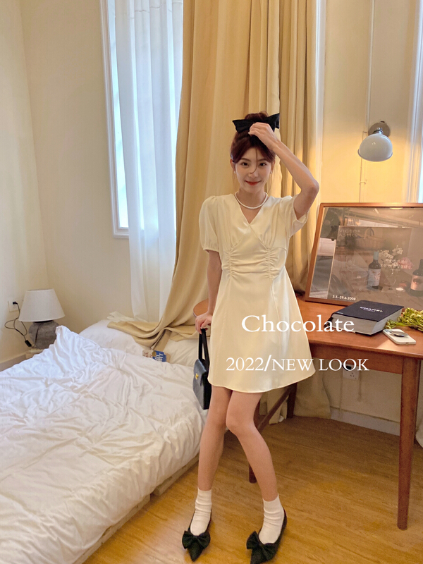[chocolate] Korean V-neck pleated thin dress 28087\ll