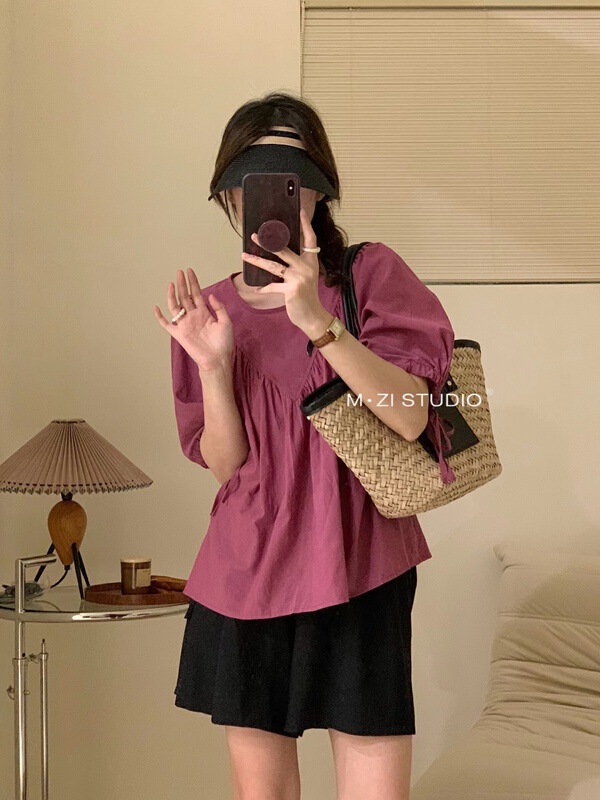 [m.zi studio] simple temperament Round Neck Lace Up blouse 5821\hbx