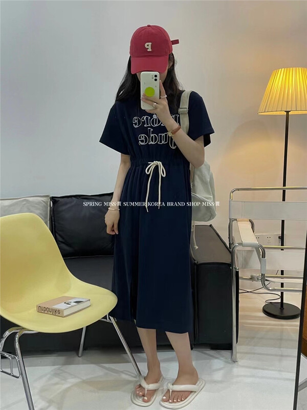 [Miss Jia] waist closing letter printed loose casual dress 3383\xyy