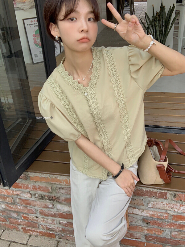 [seek peach] single breasted V-neck comfortable shirt (only selling shirts) 5299\ll