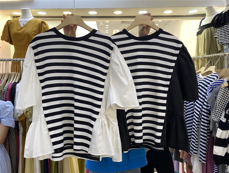 [jelly house] Korean casual stripe stitched short sleeve T-shirt 7078\hbx