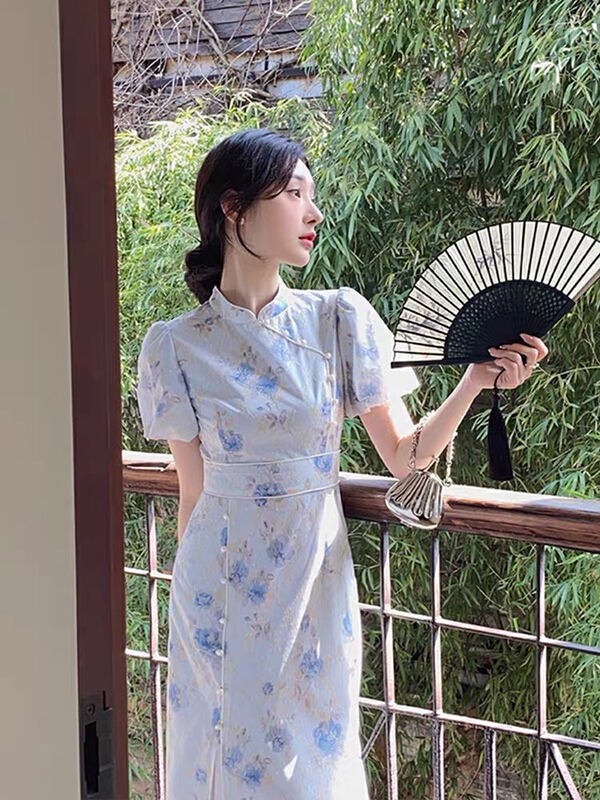 [jun.t] bubble sleeve floral long cheongsam dress 6125\pcz