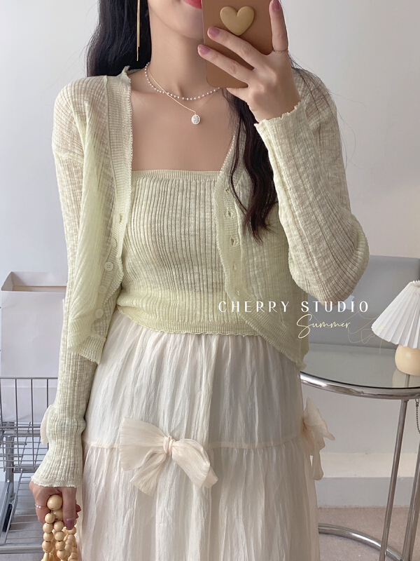 [cherry studio] Korean V-neck breasted sunscreen shirt + slim versatile vest set 5238\hbx