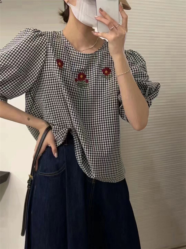 [m.zi studio] Vintage Embroidered Flower plaid shirt 5908\hbx