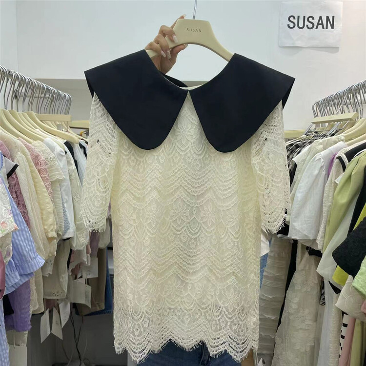 【 Susan 】 lace up contrast color baby collar hollow out dress 19100\lsw