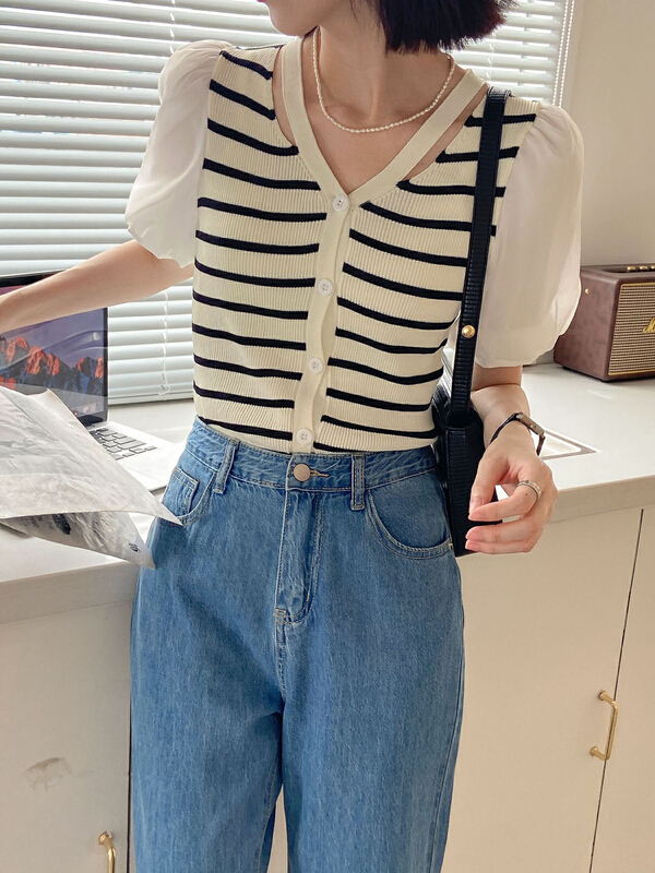 [secondtime] V-neck bubble sleeve stripe T-shirt 5267\xj