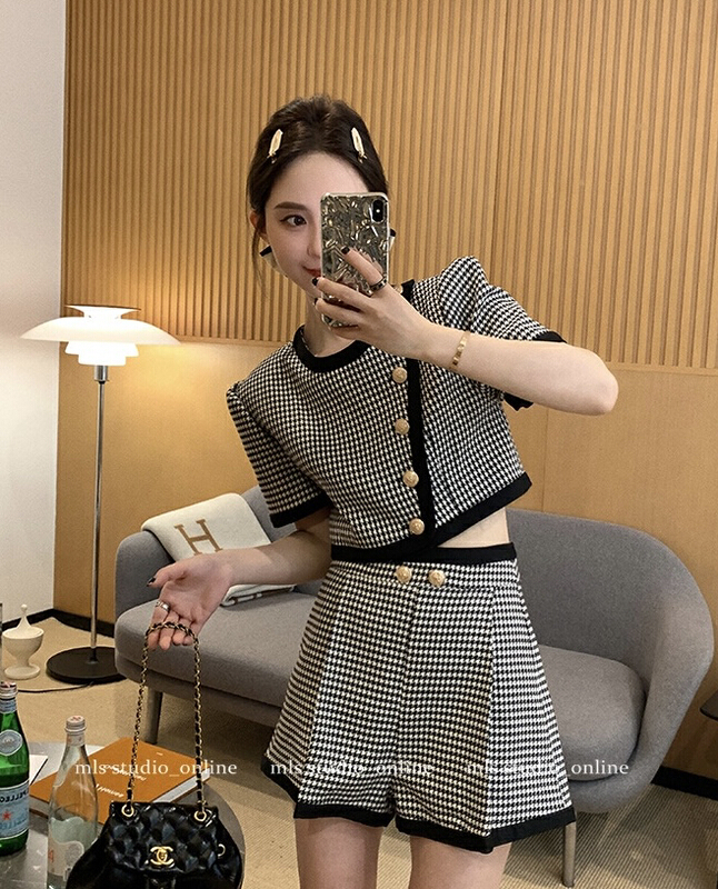 [y.jia EJA] thousand bird check short sleeve temperament Shorts Set (with random accessories) ys1-8023\pcz