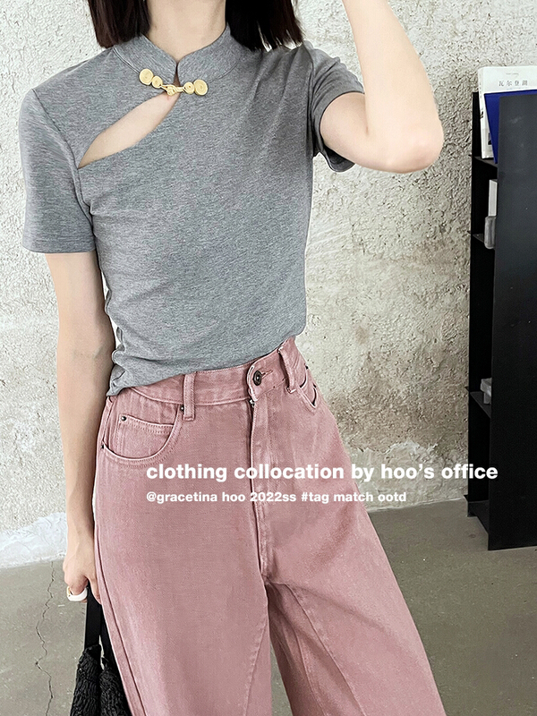 [gracetina Hoo] new Chinese disc button retro short sleeve T-shirt t6210