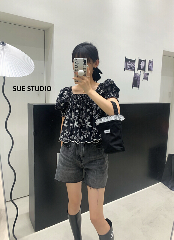 [Sue studio] square neck printed slim shirt ys1-98008\zjy