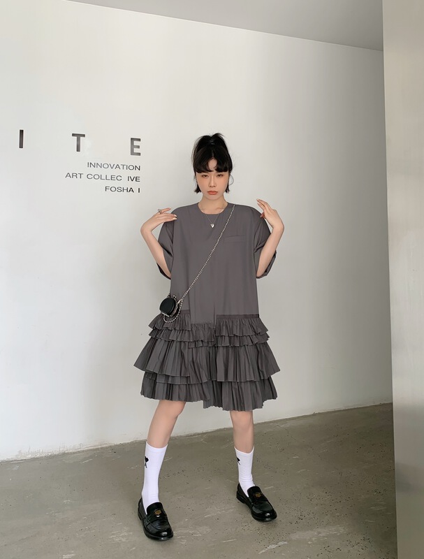[Penny vogue] fresh and simple cake skirt loose short sleeve dress (with bag) 65986\lsl