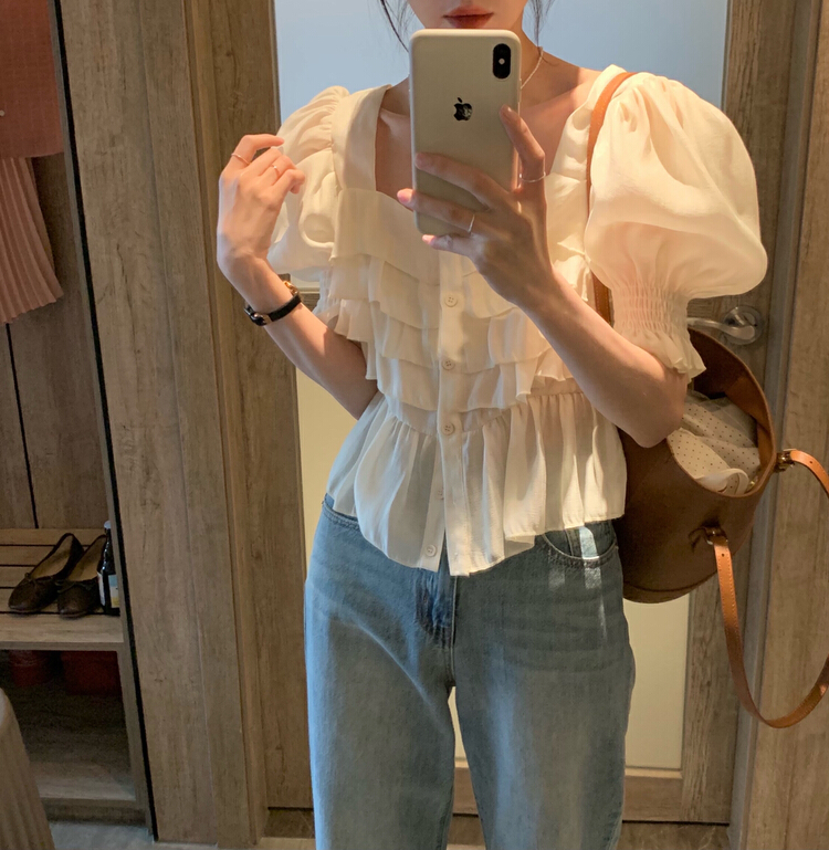 [y.jia EJA] French square neck Bubble Sleeve Ruffle shirt ys1-6771\pcz