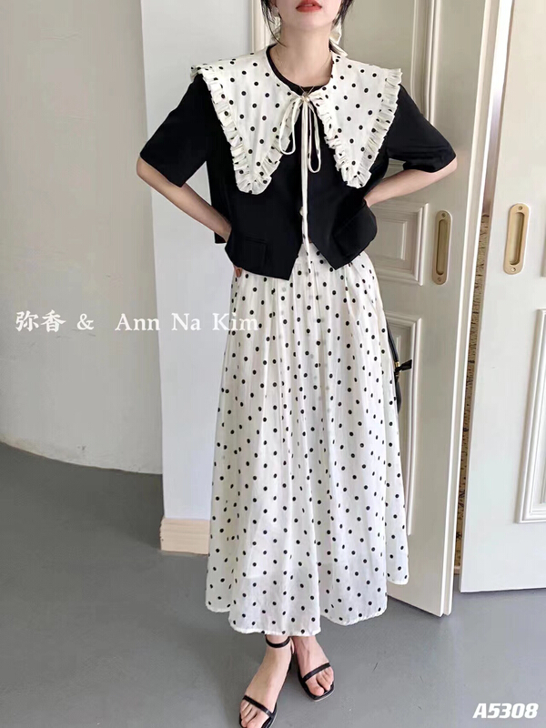 [Mi Xiang] Korean round neck button up blouse + wave point over shawl two piece suit 5308\hjy