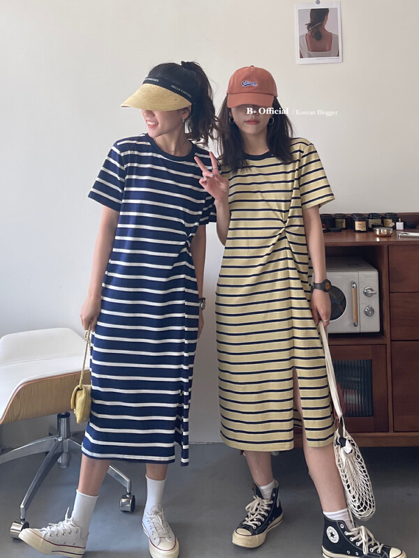 [B plus] Korean Short Sleeve Striped kink dress 22-9267-2\hbx