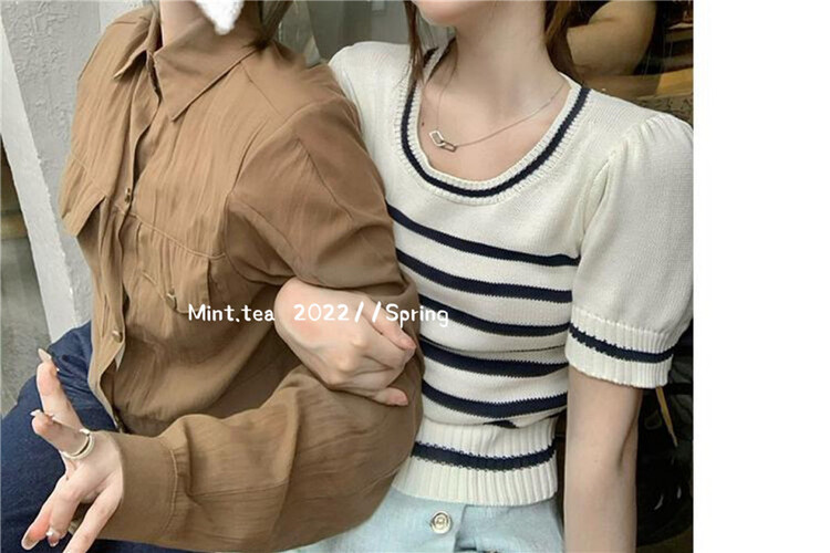 [mint tea] stripe loose and versatile short sleeve T-shirt 22121\zjy