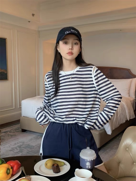 [jeans] round neck stripe fashion sunscreen shirt e241\lsw