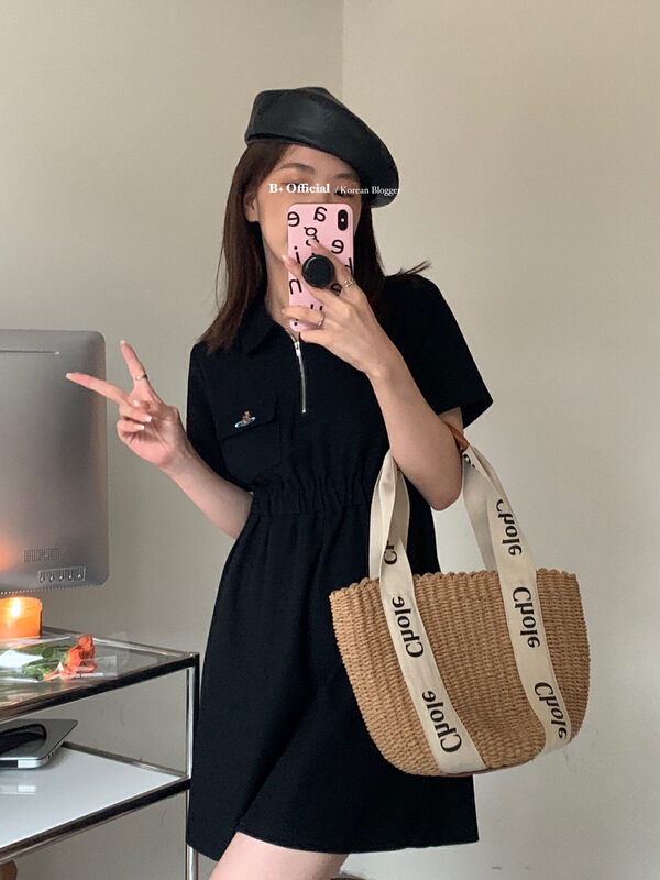 [B plus] simple casual polo collar embroidered short sleeve dress 22-4011-2\hbx