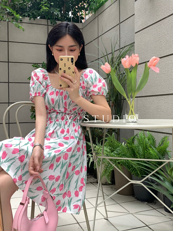[v.studio] fresh square neck tulip dress 8836\zjy
