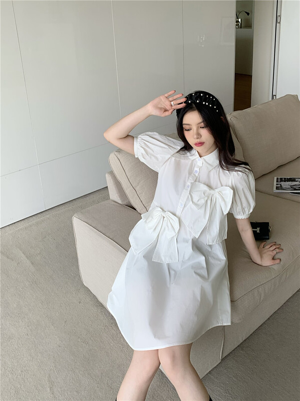 New year in early spring! [rich people] Korean sweet bow shirt dress (bow can not be removed) 1048\pcz