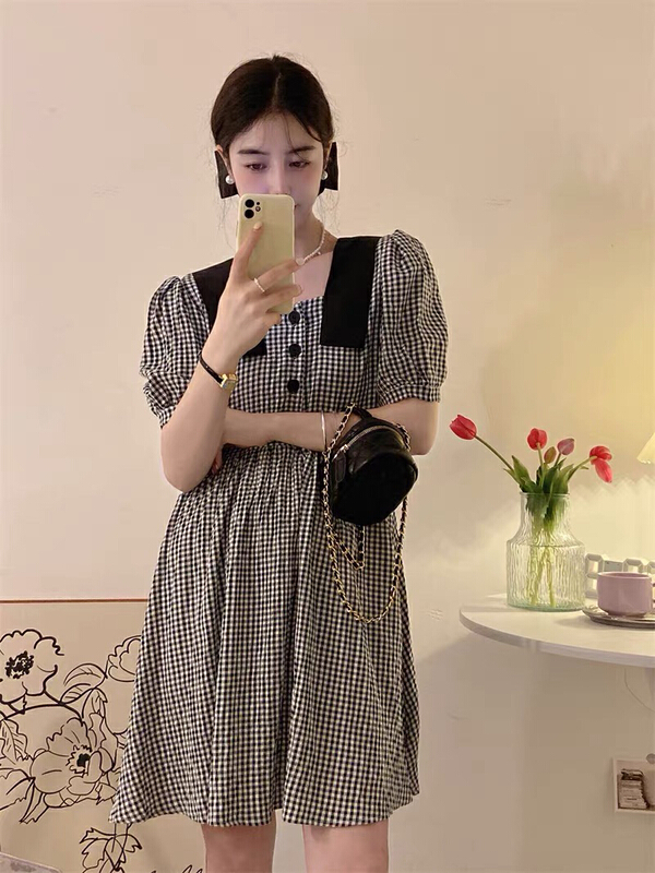 [spinach family spinach] Plaid square neck lady dress 1828\hbx