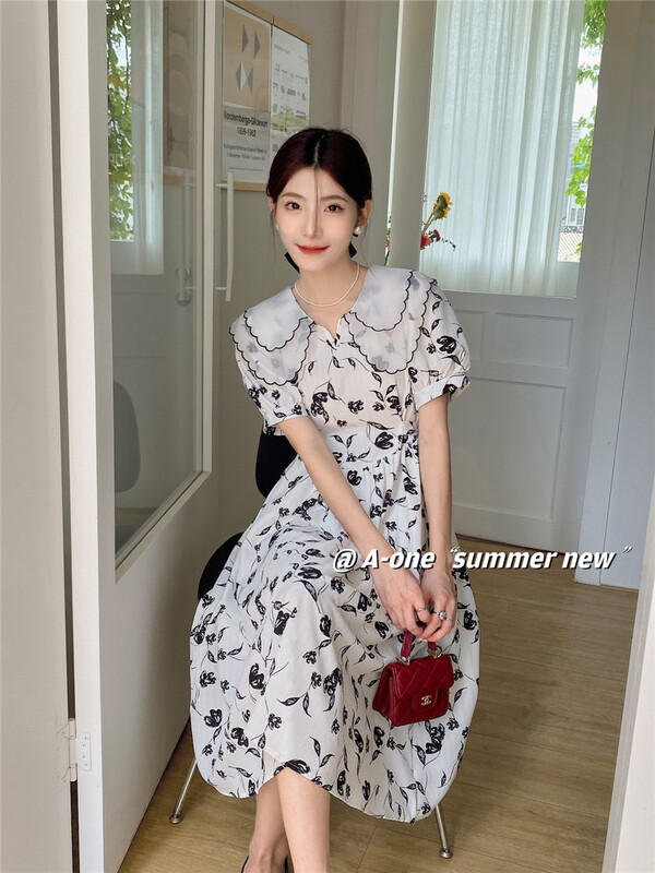 [A-One] elegant print high waist dress 22185\hjy